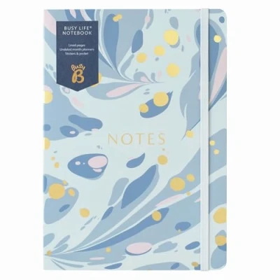 Image of Busy B A5 Life Notebook Blue Marble Cover Perfect for Students, Teachers, Work &amp; More with Lined Pages, Undated Month Planners, Stickers, Storage Pocket Elastic Closure