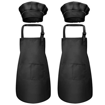 Image of Disino 4 Pcs Black Kids Apron and Chef Hat Set, Boys Girls Adjustable Aprons with 2 Pockets, Children Toddler Kitchen Garden Bib for Cooking Crafting Painting Baking (7 13 Year)
