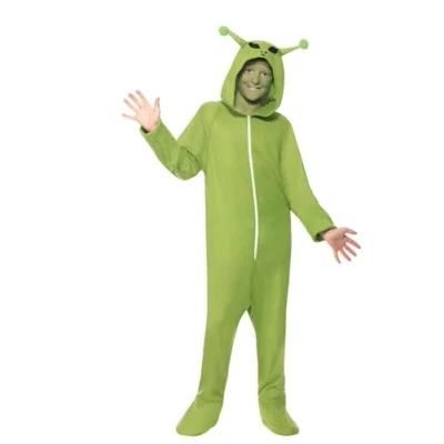 Image of Smiffys Alien Costume, Green with Hooded Jumpsuit, Halloween Child Fancy Dress, Dress Up Costumes