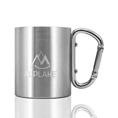 Image of ALPLAKE® Double Wall Stainless Steel Mug, Metal Carabiner Handle, 250ml