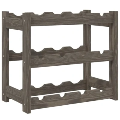 Image of vidaXL Solid Pinewood Wine Rack Grey Stylish 3 Tier Storage Shelf with Wave Board Design, Ideal for Kitchen, Dining Room, Cellar, Bar or Countertop Holds Up To 12 Bottles