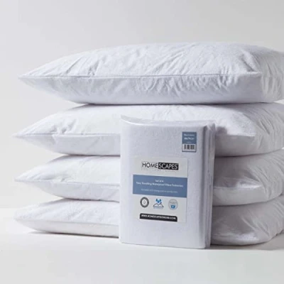 Image of HOMESCAPES Set of 4 Terry Towelling Waterproof Pillow Protectors 100% Cotton Pile Top Breathable Hypoallergenic Washable 48 x 74 cm Covers with Envelope Closure