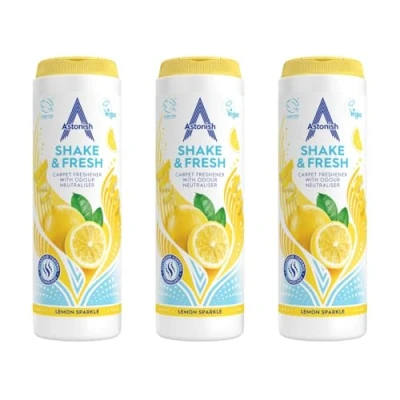 Image of Astonish Shake &amp; Fresh Carpet Freshener, Eliminates Odours, Lemon Sparkle, 3 x 350g
