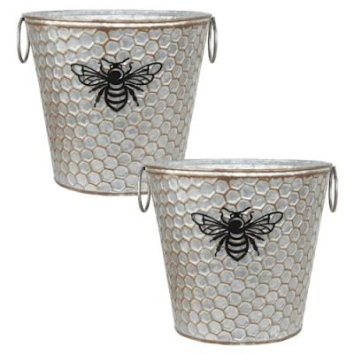 Image of Fyne Finds Set of 2 Round 16cm, 6inch Metal Honey Comb Bumble Bee Plant Pot Tin Pail Planter Gold Decor