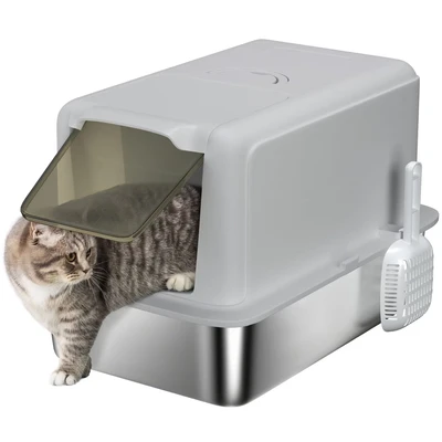 Image of PawHut Stainless Steel Cat Litter Box, Extra Large Metal Tray with Lid, Scoop, Filter Bags, Grey