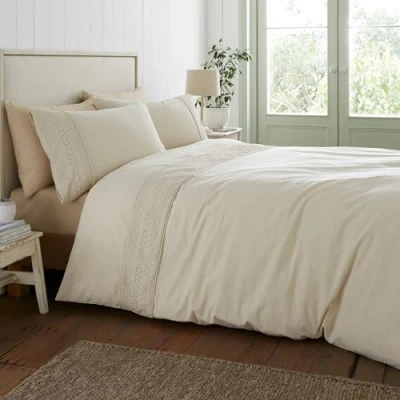 Image of Catherine Lansfield Broderie Anglaise Super King Duvet Cover Set with Pillowcases Cream