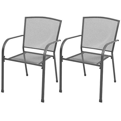 Image of vidaXL Grey Stackable Garden Chairs in Stylish Mesh &amp; Durable Steel Build, Weather Resistant Ideal for Garden, Patio Dining Room, 2 Piece Set