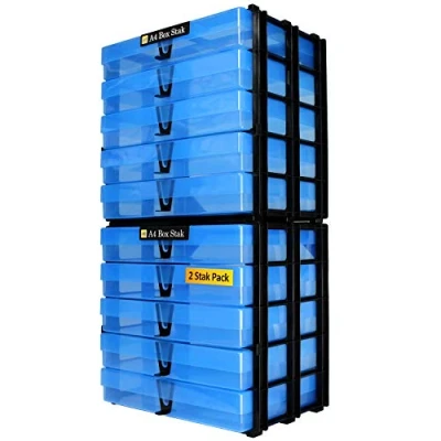 Image of WestonBoxes A4 Box Stak, Stackable Craft Storage Unit Including Plastic Boxes with Lids (Blue, Pack of 2)