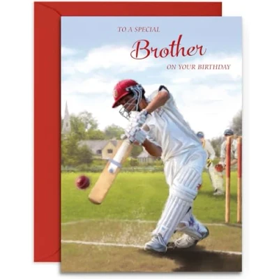 Image of Brother Birthday Card Cricket Design for Him Happy A5 Size with Red Envelope