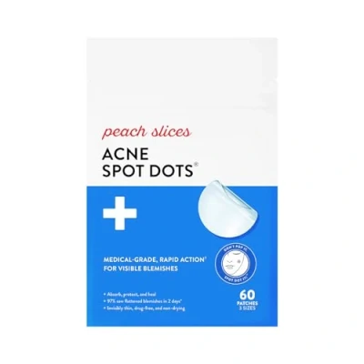 Image of Peach Slices Acne Spot Dots Hydrocolloid Patches For Zits, Blemishes, &amp; Breakouts Vegan Cruelty Free Pimple Facial Skin Care Products 3 Sizes (7mm, 10mm, 12mm) 60 Ct