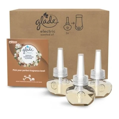 Image of Glade Plug in Air Freshener Refill, Electric Scented Oil Room Freshener, Sandalwood &amp; Jasmine, Pack of 3 Refills (3 x 20ml)