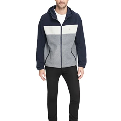 Image of Tommy Hilfiger Men&#039;s Hooded Polar Fleece Jacket, Navy/White/Light Grey, S