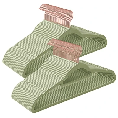 Image of SONGMICS Velvet Hangers, Set of 50 Clothes Coat Non Slip, with Tie Bar and 360 Swivel Hook, Space Saving, 43.5 cm Long, for Dresses Trousers, Rose Gold Lime Green CRF021GR50