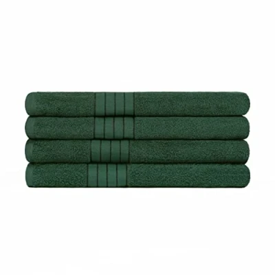 Image of Brentfords Luxury Set of 4 x 100% Cotton Bath Sheets Bathroom Absorbent Bordered Extra Large Jumbo Towel Quick Dry, 90 150cm Forest Green