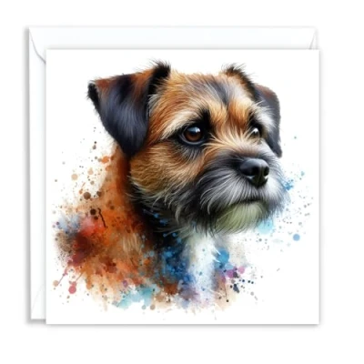 Image of Border Terrier Dog Watercolour Splash Effect Artistic Blank Greeting Card