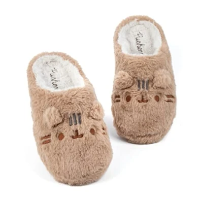 Image of Pusheen Womens Slippers Adults Teens Grey Nah or Brown Fur Plush Cat Character Design Options Anime Cartoon Animal Slip On Mules House Shoes