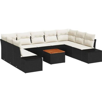 Image of vidaXL 10 Piece Garden Sofa Set with Cushions Black Poly Rattan Acacia