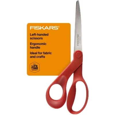 Image of Fiskars All Purpose Left Handed Scissors Ergonomically Contoured 8&quot; Stainless Steel Paper and Fabric for Office, Arts, Crafts, Stocking Stuffers Red
