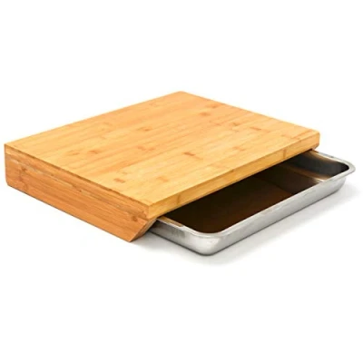 Image of DuneDesign Bamboo Chopping Board 49 x 37 8 Stainless Steel Crumb Tray Wood Natural