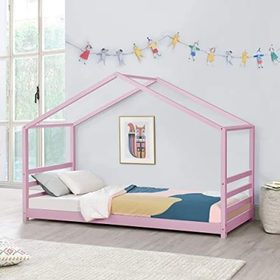 Image of [en.casa] Children&#039;s bed Vardø with Slatted frame and grid 90 x 200 cm House Youth pine wood Pink