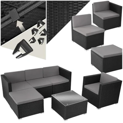 Image of tectake® Rattan Garden Furniture Set, 6 Piece Adjustable Lounge with UV Resistant Weave, Powder Coated Steel Frame, Water Repellent Covers, Armchair Glass Top Patio Table, Easy Assembly black