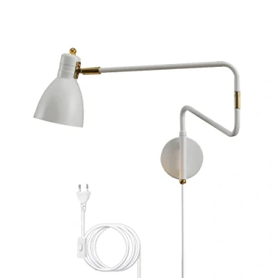 Image of Indoor Wall Light with Switch Vintage Adjustable Bedroom Bedside Lamp, Living Room Reading 1.8m Cord Plug, 360 Rotating Metal Long Arm Retro E27 Spot,White