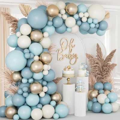 Image of Dusty Blue Balloon Arch Kit, 105pcs And White Balloons Garland Kit With Baby Gold Balloon, Light For Shower Decorations Boy, Birthday Party, Christening, Wedding