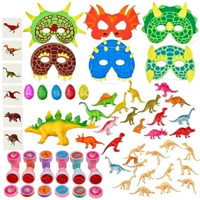 Image of THE TWIDDLERS 80 Dinosaur Gift Party Toys, Dino Fossil Masks Stampers Tattoos Hatching Eggs for Kids Birthday Bag Favour, Pinata Fillers