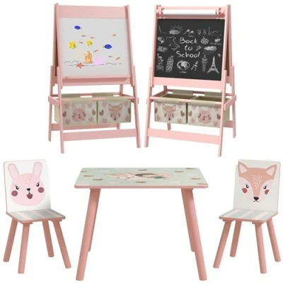 Image of ZONEKIZ Kids Table and Chairs Easel Set with Paper Roll, Storage Baskets, Cute Animal Design Activity Furniture for Ages 3 8 Years, Pink