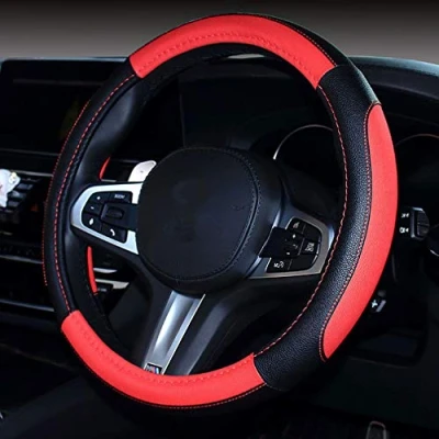 Image of Pahajim Steering Wheel Covers Microfiber Universal 15 Inch/38CM Hand Stitching Breathable Anti slip Car Cover Interior Accessories for Auto Van Truck SUV (Black Red)