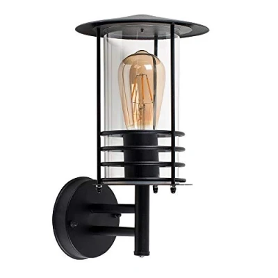 Image of MiniSun Modern IP44 Rated Black Stainless Steel Metal Fisherman&#039;s Lantern Cage Outdoor Wall Light Complete with a 4w LED Filament Bulb [2700K Warm White]