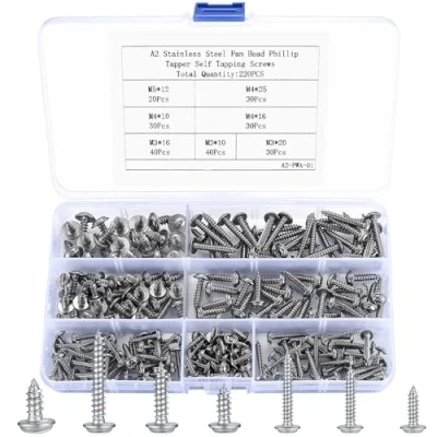 Image of 220 Pcs Self Tapping Screws, Cross Pan Flanged Head Wood Screws with Washers, 304 Stainless Steel Drilling Fasteners Bolts Assortment Kit for Repairment, Woodwork M3/M4/M5