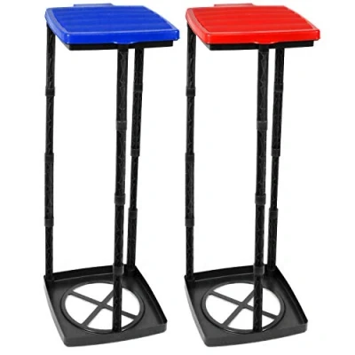 Image of com four® 2x Garbage camping bin with lid in blue and red Waste can be mounted 3 different heights Collapsible for the kitchen (Cover + red)