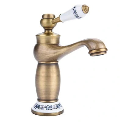 Image of Antique Brass Ceramic Bathroom Sink Faucet Blue and White Porcelain Social EU (Antique)