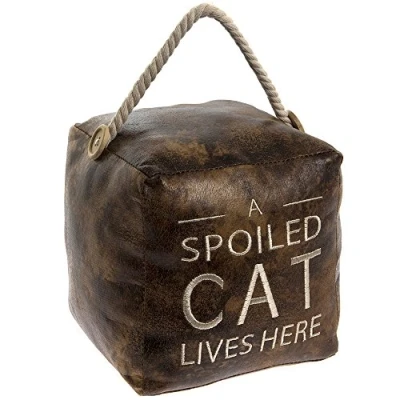 Image of Faux Leather Distressed Vintage Cube Door Stop Complete with Rope Handle &quot;A Spoiled Cat Lives Here&quot; Heavy Stopper