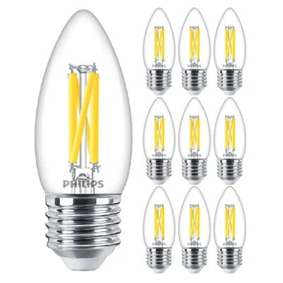 Image of 10 Pack Philips Classic LED Clear Filament Candle B35 DimTone Lamp 6W (60W) E27 ES Large Edison Screw 2200k to 2700k 600 Lumen 15000 Hours 90+ CRI