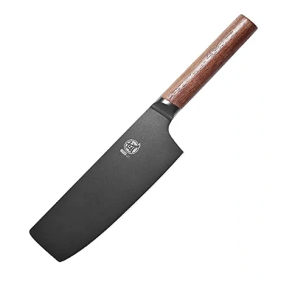 Image of MITSUMOTO SAKARI Japanese Vegetable Kitchen Knife, German Premium Alloy Steel Chef 7 inch Professional Black Titanium Coated Cooking Chef&#039;s Knives (Walnut Handle)