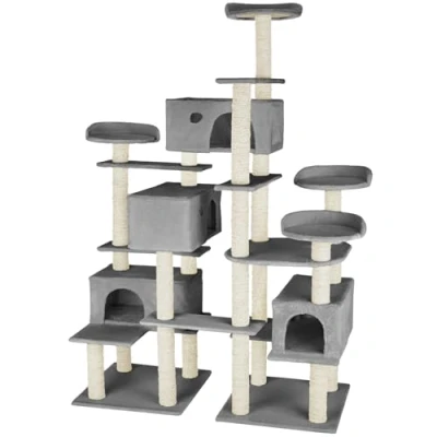 Image of tectake® Multi Level Cat Tree with Sisal Scratching Posts, 4 Perches &amp; Cosy Houses, Robust Structure 2 Sturdy Bases Anti Tip Protection 214 cm Tower for Cats Kittens Grey