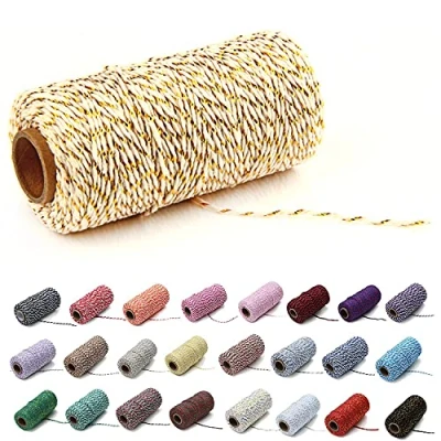 Image of Natural Twine Cotton String Christmas Jute Colored Rope Craft Cord Gift Wrapping (1 Roll, Gold Wire &amp; Beige)