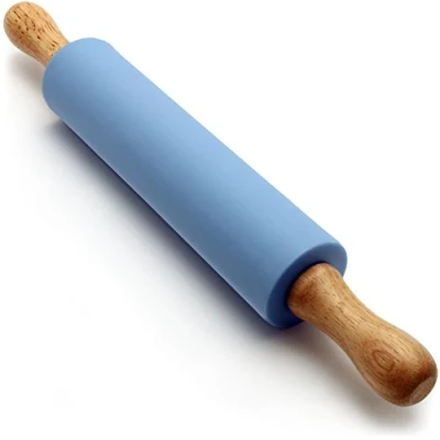 Image of iGadgitz Home U6757 Small Non Stick Silicone Rolling Pin with Wooden Handles for Baking, Mini Pastry Dough Roller, Fondant, Pizza Blue 30cm (12&quot;)