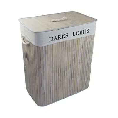 Image of Laundry Basket Bamboo Light Grey Foldable with 2 x Sorting Compartments Cover Lid Handle 52 32 H 63 cm