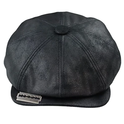 Image of TruClothing Mens 8 Panel Razor Baker Boy Hat PU Leather Blinders Newsboy Flat Cap Black Brown S/M