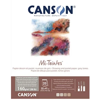 Image of CANSON Mi Teintes Coloured Drawing 160gsm 32x41cm Paper, Double Sided: Honeycomb &amp; Fine Grain, Pad Glued Short Side, 4 Grey Tones, 20 Sheets, Ideal for Professional Artists Illustrators