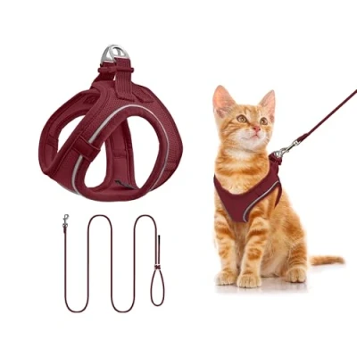 Image of Qianruida Cat Harness and Leash, Adjustable Reflective Breathable Soft Mesh Vest for Small Dogs Cats Walking Running Training (Burgundy XXXS)