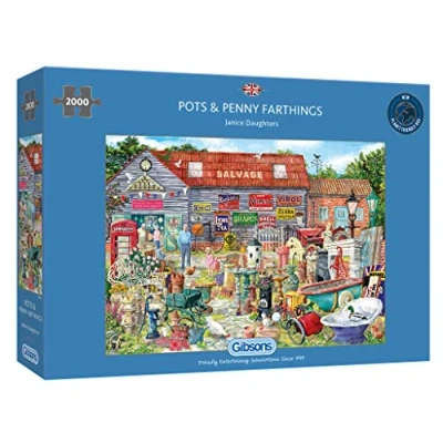 Image of Pots &amp; Penny Farthings 2000 Piece Jigsaw British Nostalgia Val Goldfinch Sustainable Puzzle for Adults Premium 100% Recycled Board Great Gift Gibsons Games