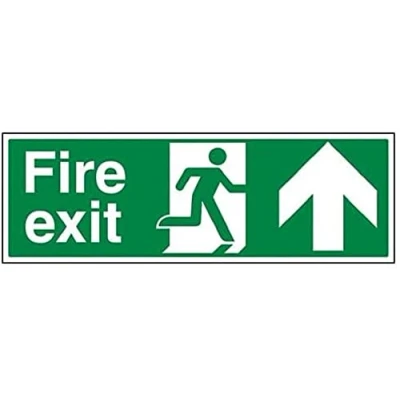 Image of V Safety Fire Exit Arrow Up Sign Landscape 600 mm x 200 Self Adhesive Vinyl