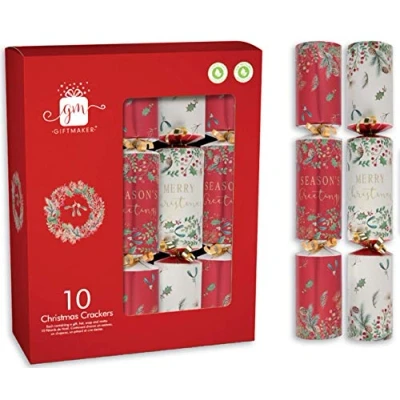 Image of (Box of 10) Traditional 11&quot; Festive Christmas Crackers Eco Friendly (Red &amp; Cream)