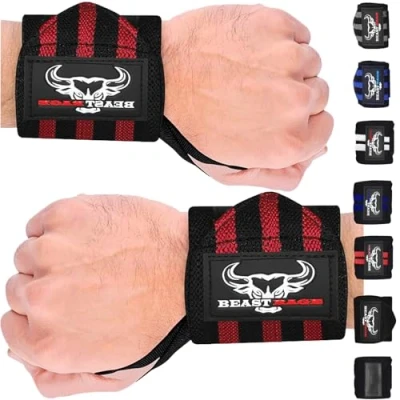 Image of BEAST RAGE Weight Lifting Straps Wrist Wraps Fitness Padded Cotton Support Gel Advanced Grips Dumbbell Bar Heavy Duty Gym Bodybuilding Power Deadlift Barbells (Red Black Wraps)