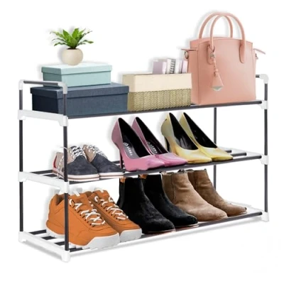 Image of Knight 3 Tier Heavy Duty Metal Shoe Rack Holds 12 15 Pairs Easy Assemble No Tools Required Stylish Organizer Space Saving Solution Grey
