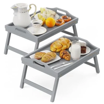Image of Mantraraj Bamboo Bed Tray Table Pack Of 2 With Foldable Legs And Handles Breakfast for Sofa, Bed, Eating, Platters, Working, Serving, Drawing, Laptop Stand, Wooden Snack (Grey)
